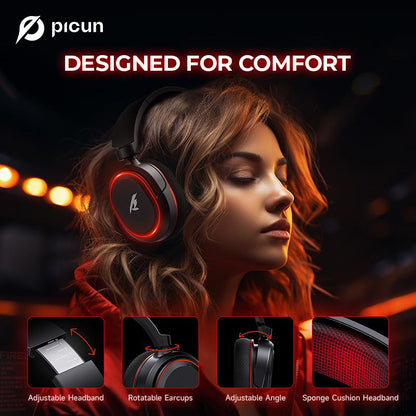 【Live Broadcast Exclusive】Picun G2 Bluetooth Gaming Headset, 7.1 Surround Sound, Retractable Earbud, 4-In-1 Audio Cable, Electronic 5Ms Low Latency, Rechargeable ENC Microphone for PC PS4 PS5 Audio Cable Headphone