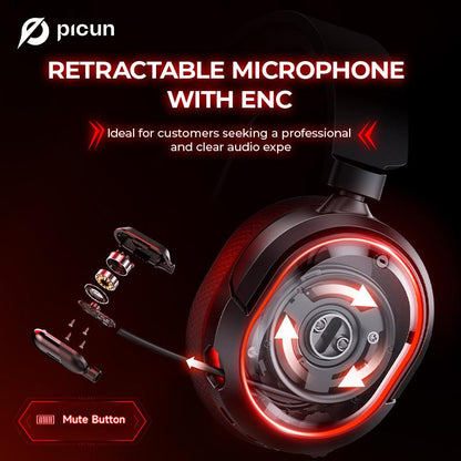 【Live Broadcast Exclusive】Picun G2 Bluetooth Gaming Headset, 7.1 Surround Sound, Retractable Earbud, 4-In-1 Audio Cable, Electronic 5Ms Low Latency, Rechargeable ENC Microphone for PC PS4 PS5 Audio Cable Headphone