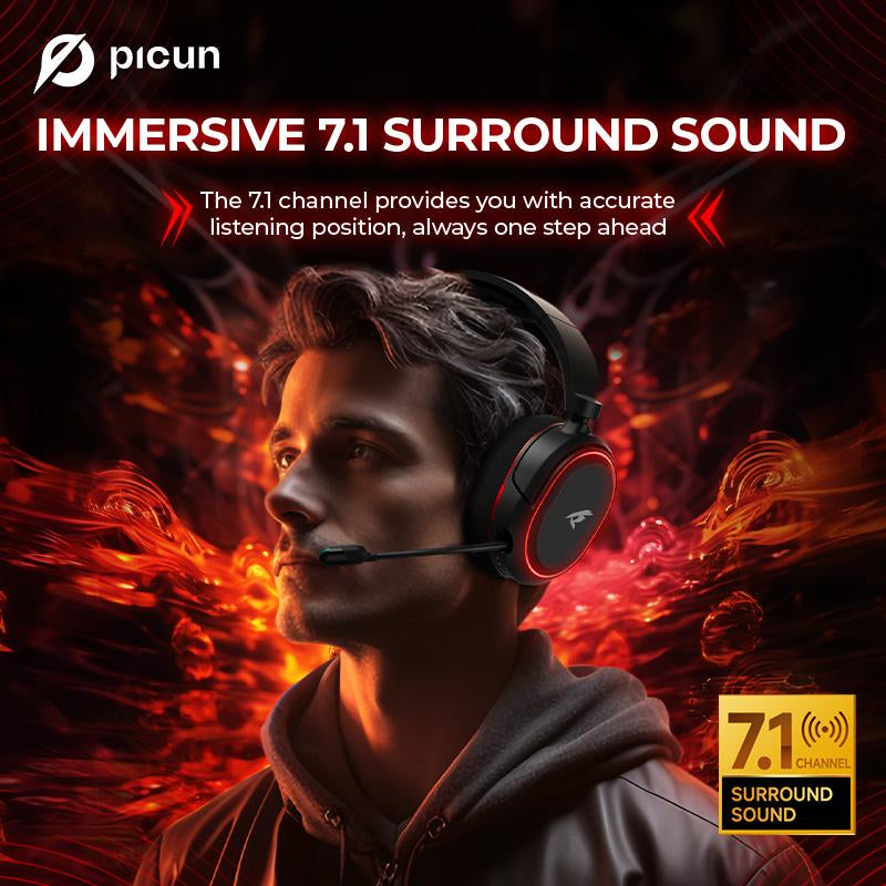 【Live Broadcast Exclusive】Picun G2 Bluetooth Gaming Headset, 7.1 Surround Sound, Retractable Earbud, 4-In-1 Audio Cable, Electronic 5Ms Low Latency, Rechargeable ENC Microphone for PC PS4 PS5 Audio Cable Headphone