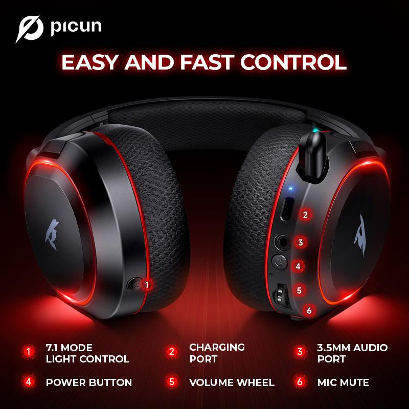 【Live Broadcast Exclusive】Picun G2 Bluetooth Gaming Headset, 7.1 Surround Sound, Retractable Earbud, 4-In-1 Audio Cable, Electronic 5Ms Low Latency, Rechargeable ENC Microphone for PC PS4 PS5 Audio Cable Headphone