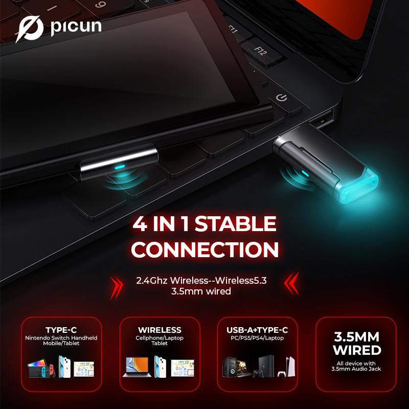【Live Broadcast Exclusive】Picun G2 Bluetooth Gaming Headset, 7.1 Surround Sound, Retractable Earbud, 4-In-1 Audio Cable, Electronic 5Ms Low Latency, Rechargeable ENC Microphone for PC PS4 PS5 Audio Cable Headphone
