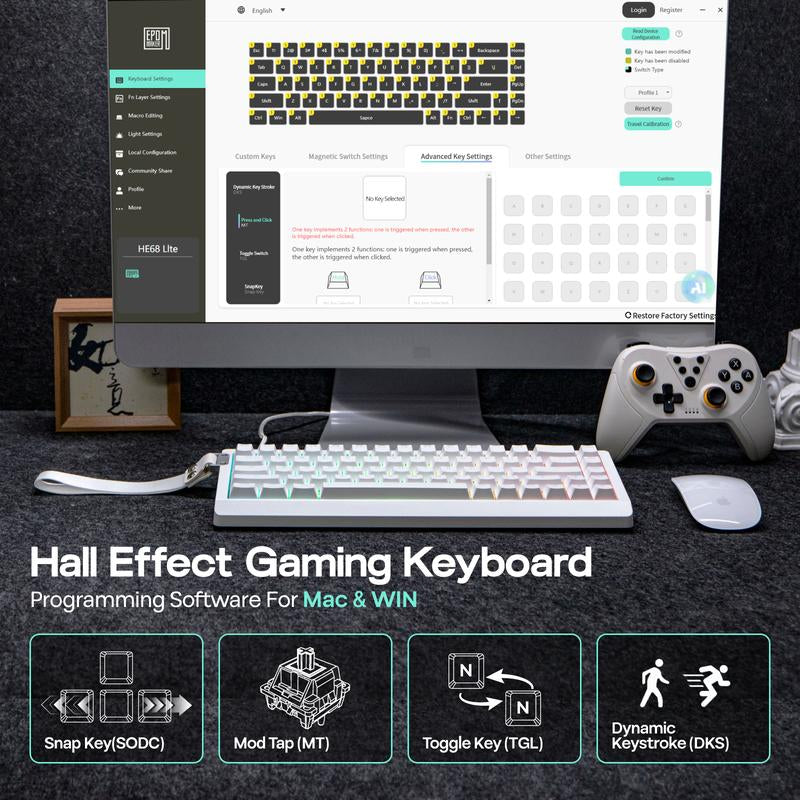 EPOMAKER HE68 Lite 65% ANSI US Layout Tray-Mounted Wired Hall Effect Magnetic Mechanical Keyboard DKS SOCD Thocky Creamykeyboards Tri-Mode USB-C/BT 5.0/2.4Ghz Customizable RGB Backlight for Pc/Mac/Linux Creamy Keyboard Tiktokshopjumpstartsale