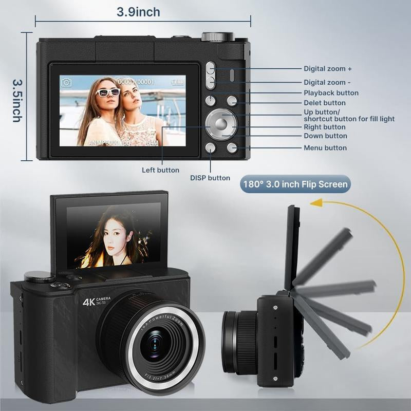 Foldable Screen Portable Pocket Vlogging Camerawith 32GB SD Card &, Wrist Strap,Self Timer, Anti-Shake, 16X Digital Zoom, Ideal Gift for Girls, Boys Teenagers, and Beginners, Birthday Gift